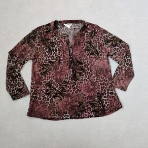 Northern Reflections Women's Leopard Blouse Size Large Pink Brown